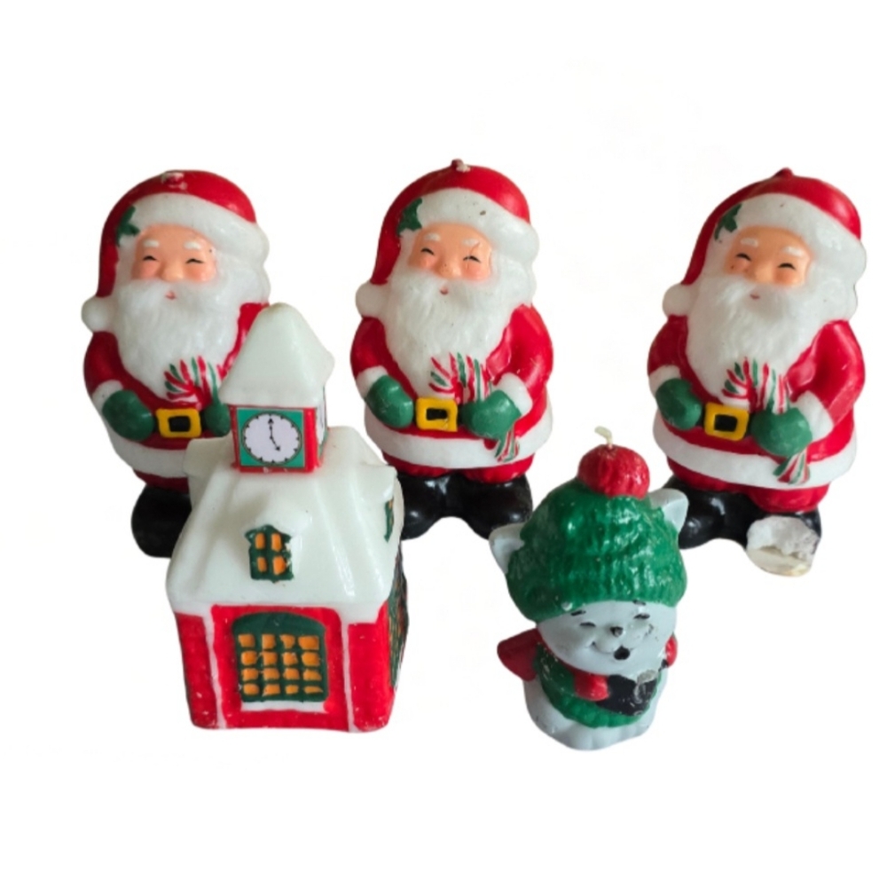 Vintage LOT XMAS Candles 1 Christmasville Schoolhouse, 3 Santas, 1 Avon Kitty